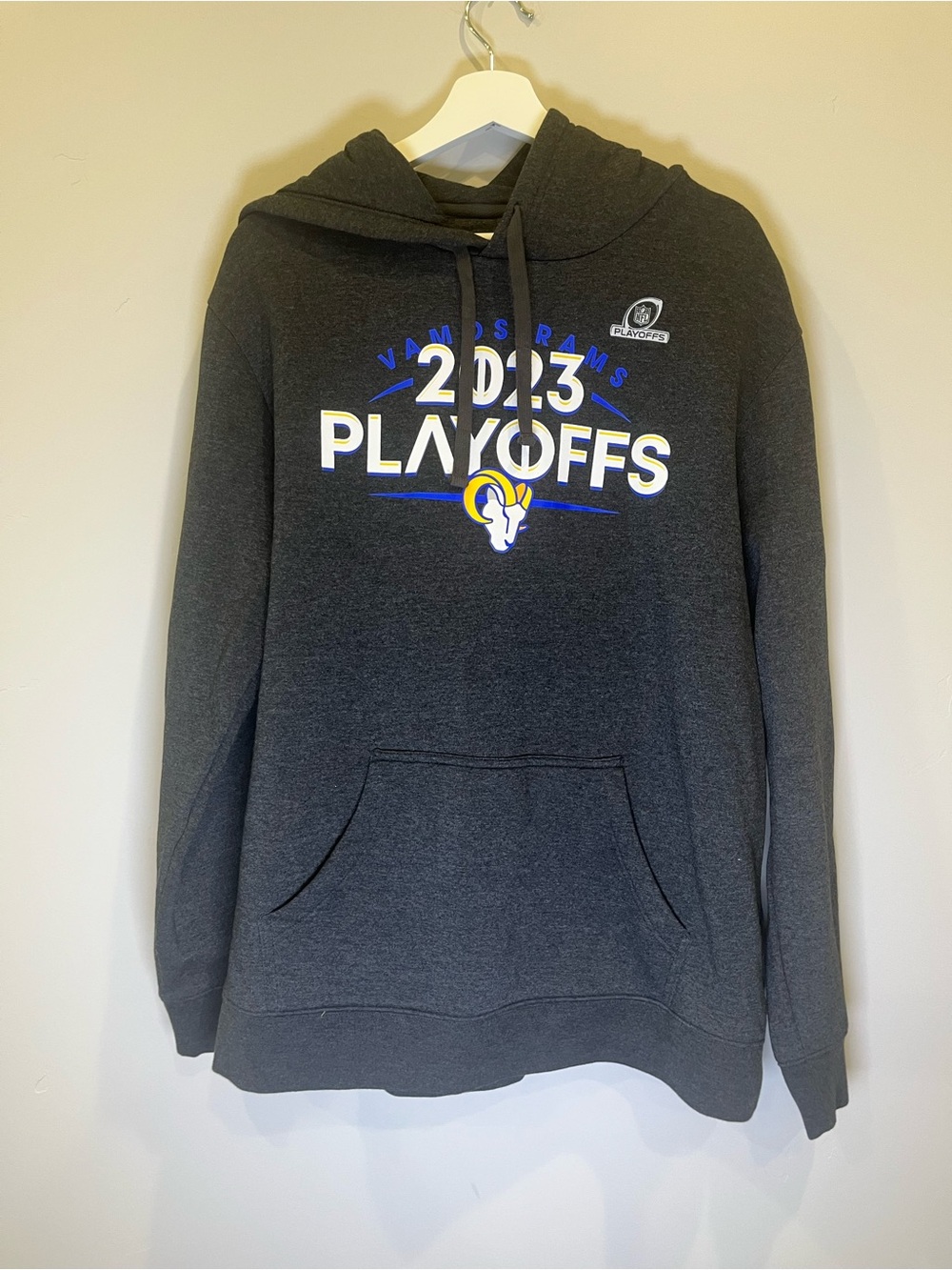 Fanatics Charcoal Gray 2018 Playoffs Hoodie with Blue & White Graphics LA Rams